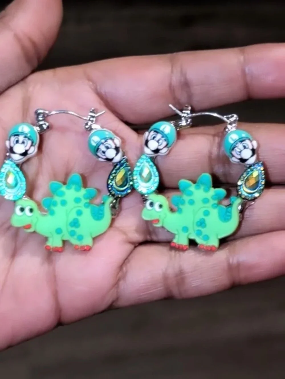 Hand CRAFTED Luigi Dinosaur Hoop Earrings Green For Kids And Adults - Picture 3 of 10